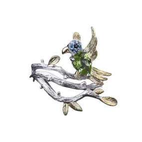 0.78Ct Peridot Gemstone Bird on Branch 925 Sterling Silver Ring