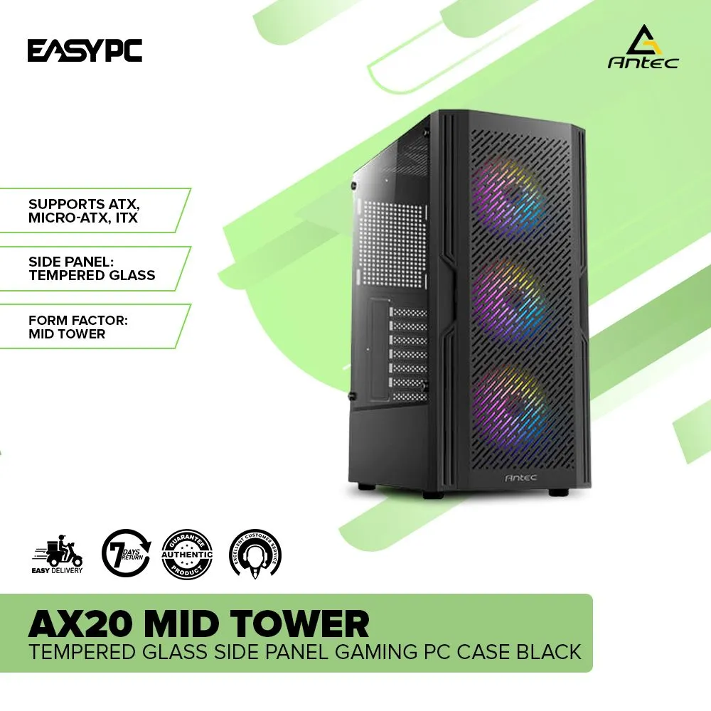 Antec AX20 Mid Tower Tempered Glass Side Panel Gaming PC Case Black