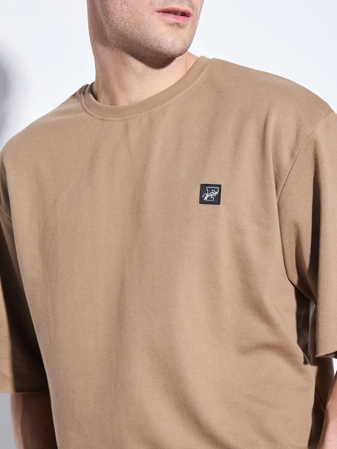 Beige Oversized Elbow Sleeve Tee