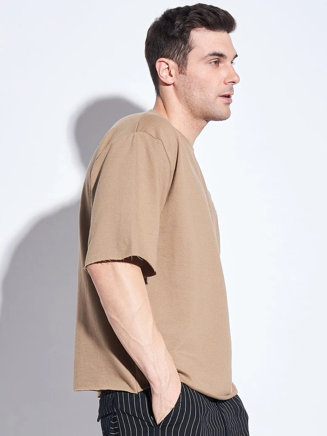 Beige Oversized Elbow Sleeve Tee