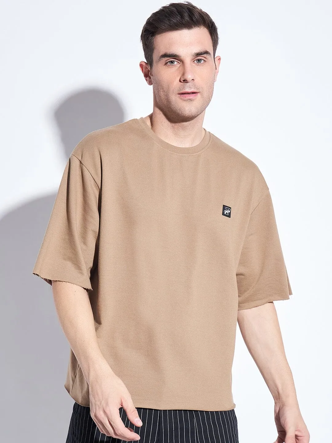 Beige Oversized Elbow Sleeve Tee