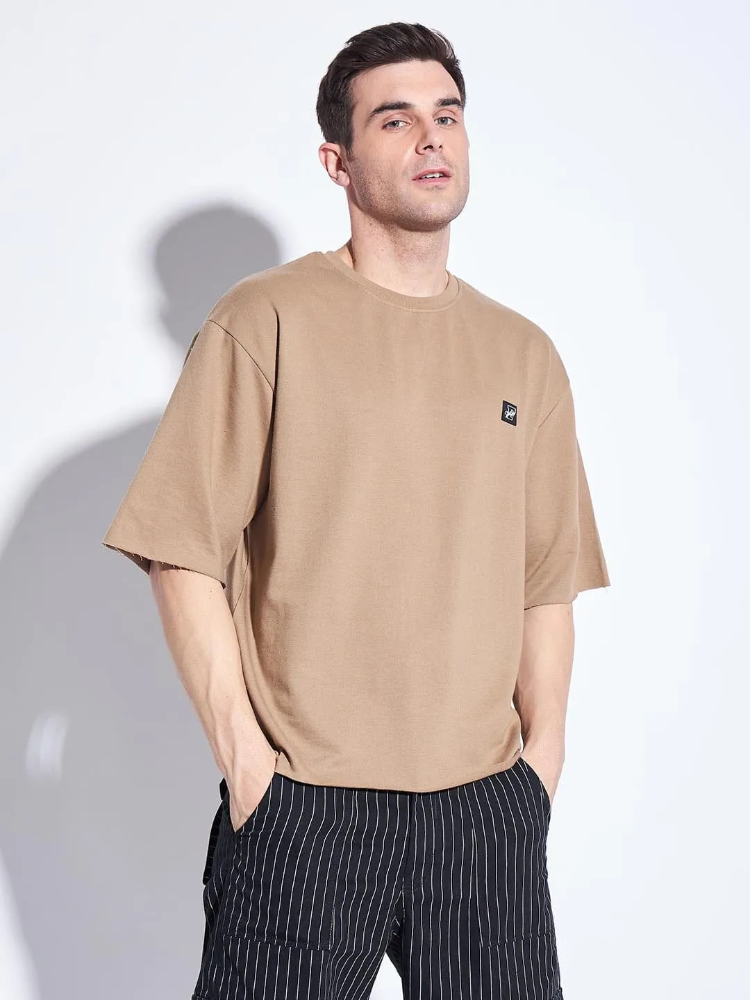 Beige Oversized Elbow Sleeve Tee