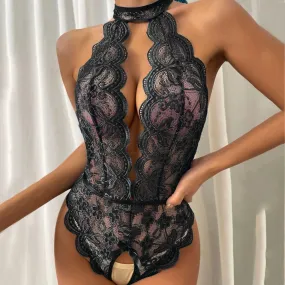 Body Lingerie Sexy Sensuale Donna Nero Girocollo Trasparenze Scollo Profondo Pizzo Motivo Floreale