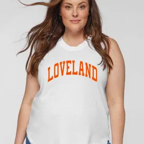 Curved Orange Loveland on White Crew Neck Tank Top- Curvy