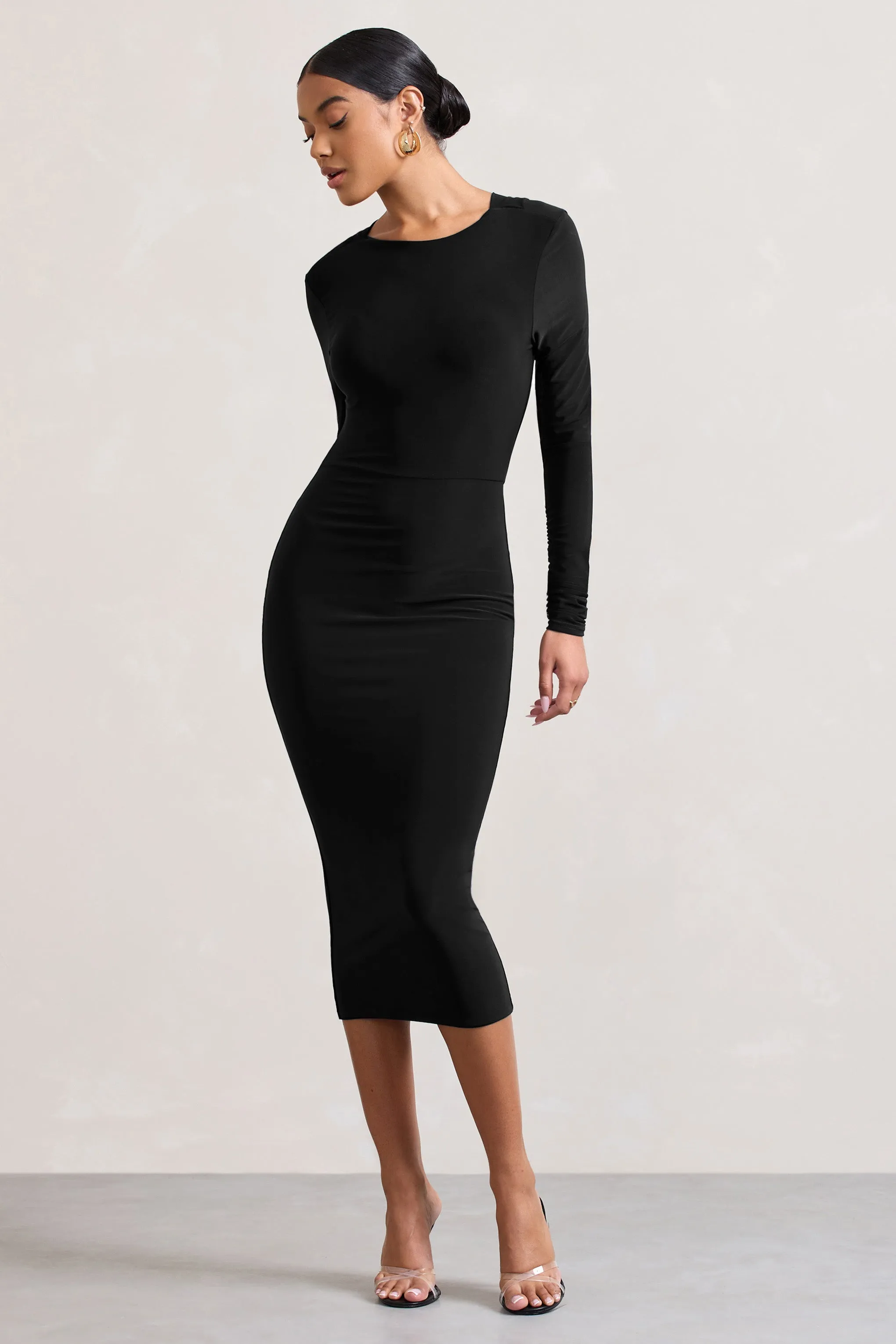 Dynasty Darling | Black Cowl-Back Long-Sleeved Bodycon Midi Dress