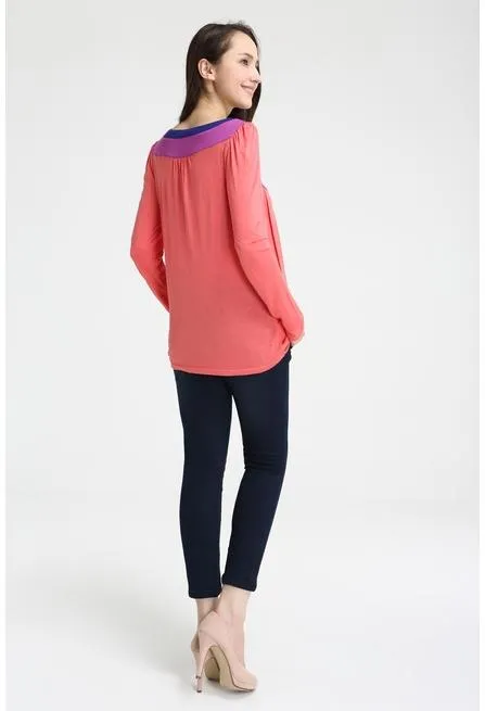 Elena Contrast Neck Maternity Top Magenta