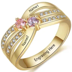 Gold Mother's Ring 2 Birthstones X-Band 2 Engraved Names Paved Gems