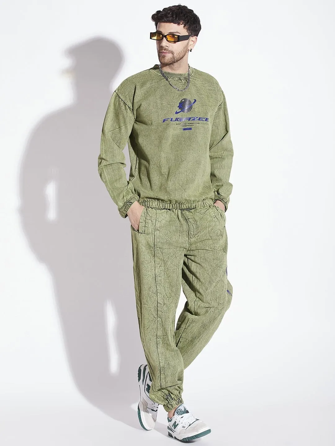 Green Acid Washed Sweatshirt & Jogger Combo Tracksuit