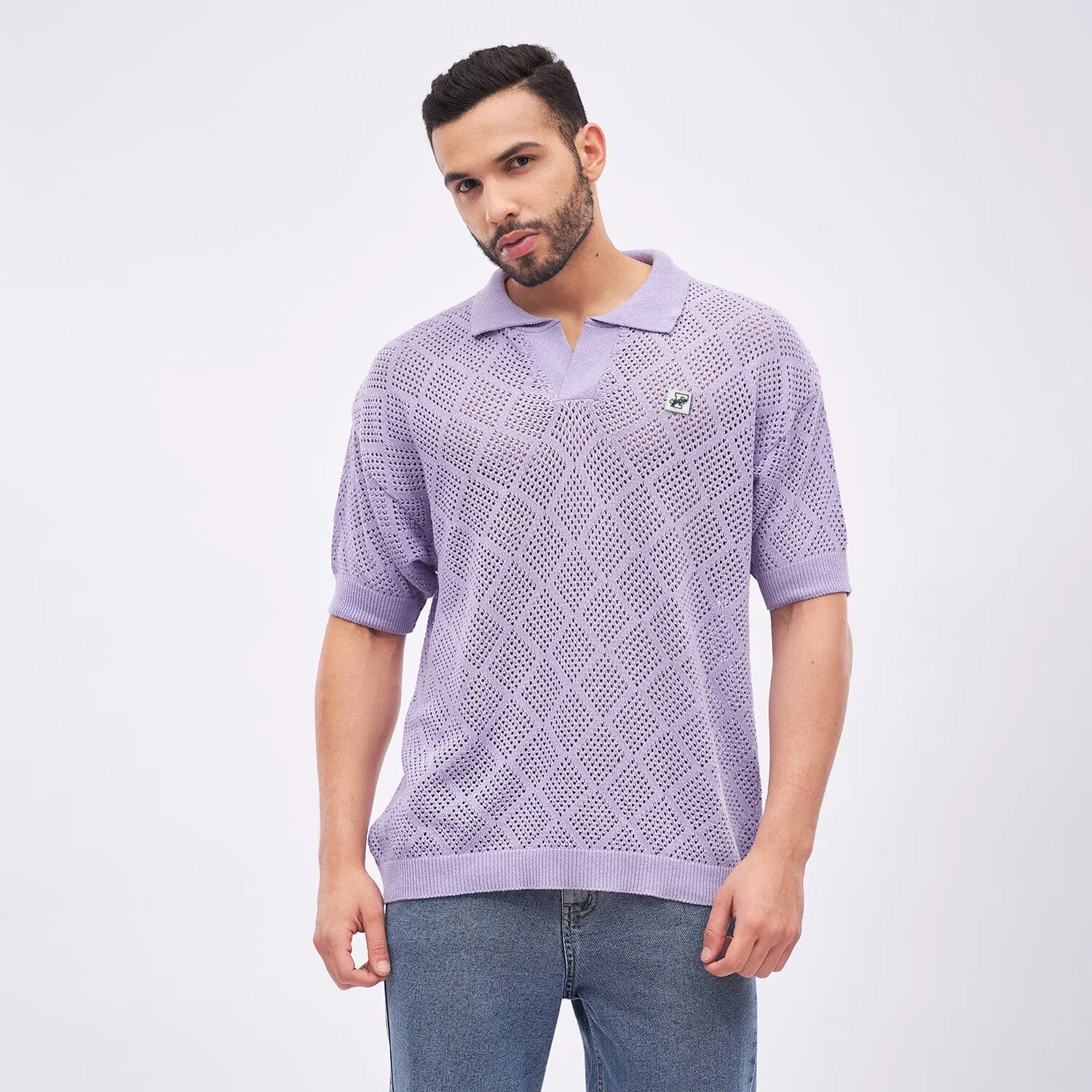 Lilac Textured Knitted Polo Tshirt