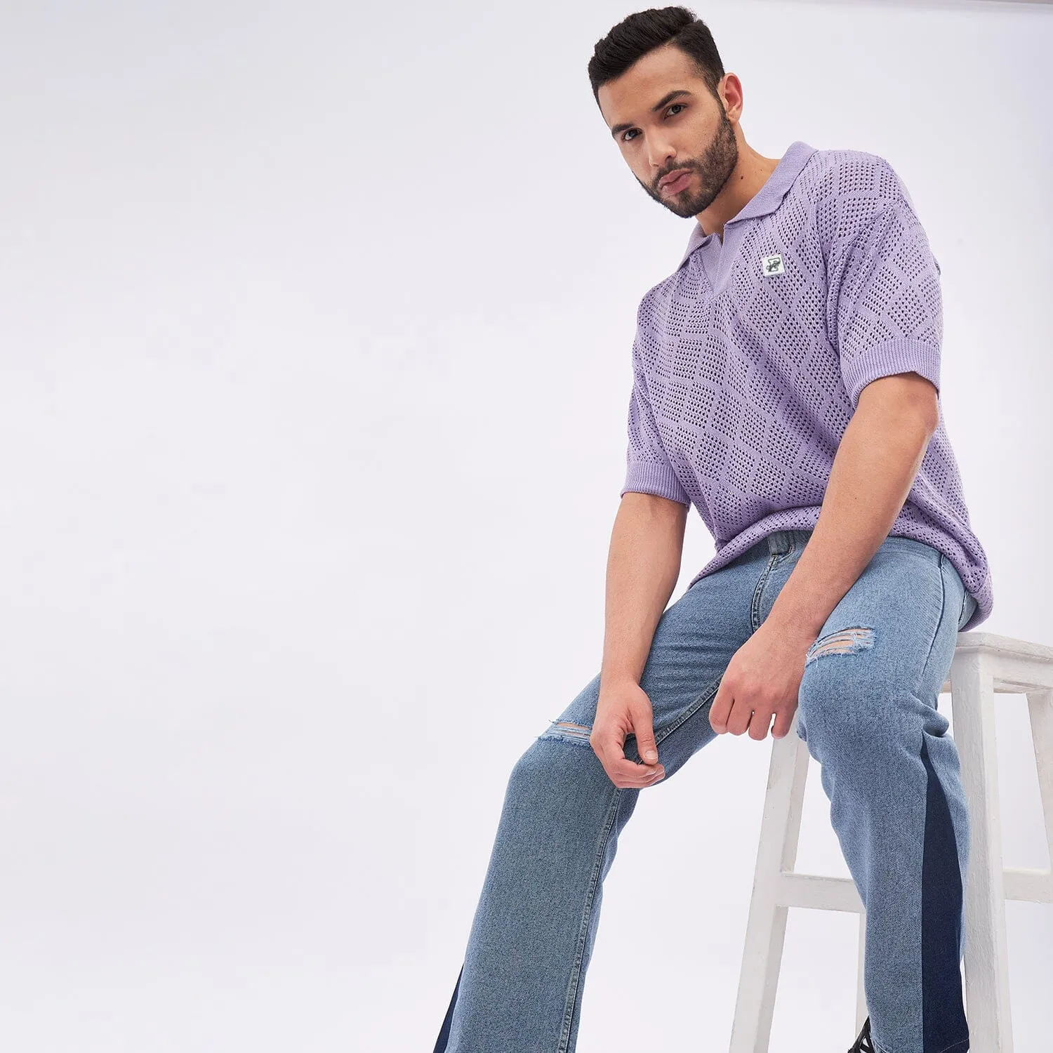 Lilac Textured Knitted Polo Tshirt