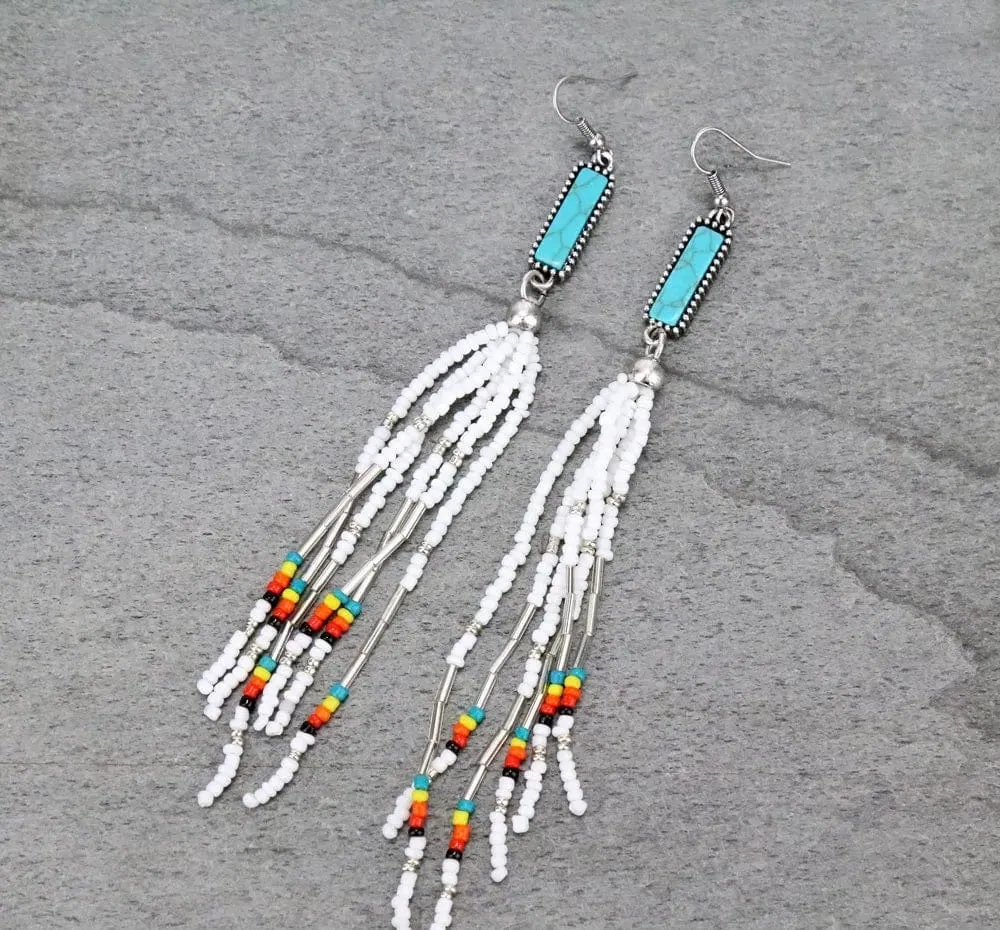 Long Beaded bar earrings    White