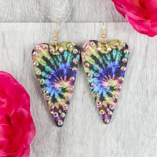 Long tie dye heart gem earrings