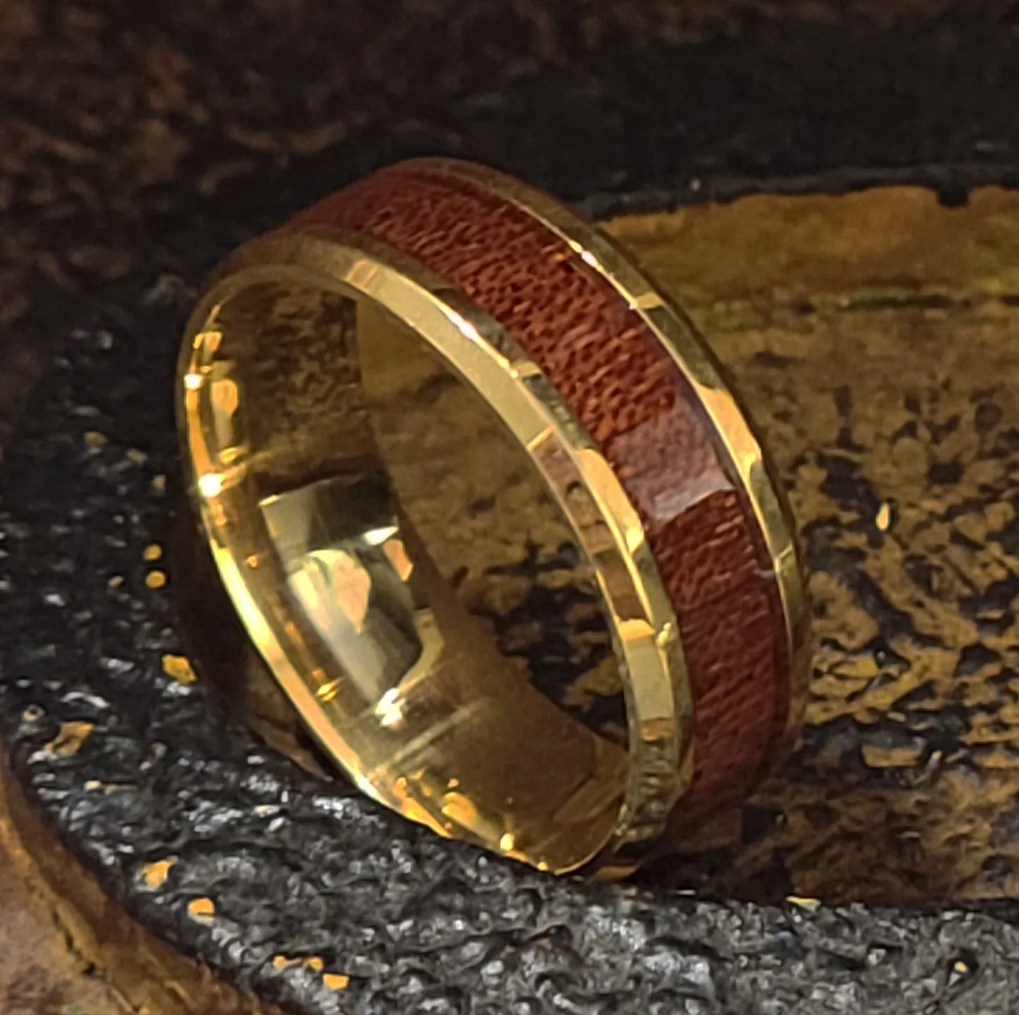 Personalized Men's Gold Wedding Ring Hardwood Wood Inlay