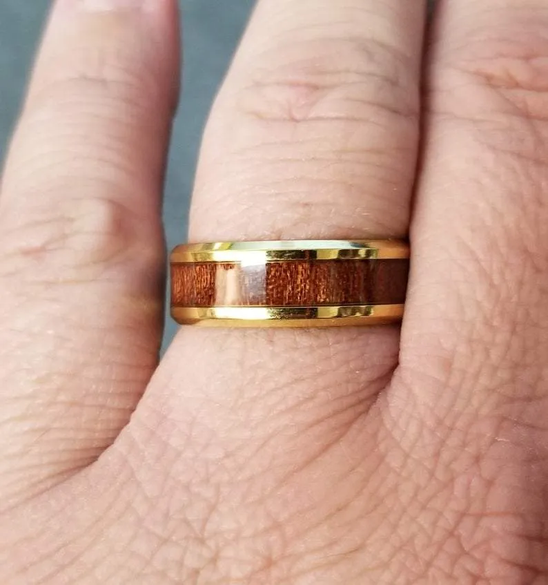 Personalized Men's Gold Wedding Ring Hardwood Wood Inlay