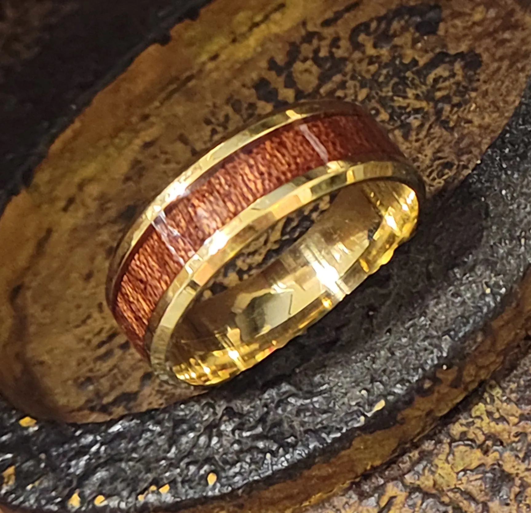 Personalized Men's Gold Wedding Ring Hardwood Wood Inlay