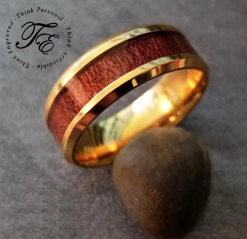 Personalized Men's Gold Wedding Ring Hardwood Wood Inlay