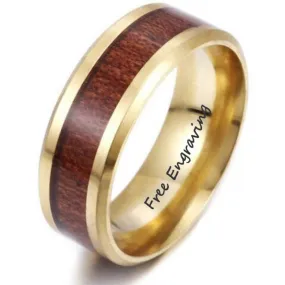 Personalized Men's Gold Wedding Ring Hardwood Wood Inlay