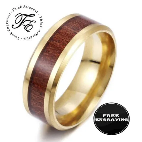 Personalized Men's Gold Wedding Ring Hardwood Wood Inlay