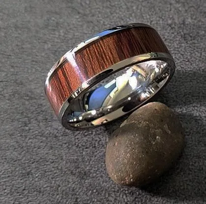 Personalized Men's Titanium Wedding Band - Silver Band With Wood Inlay