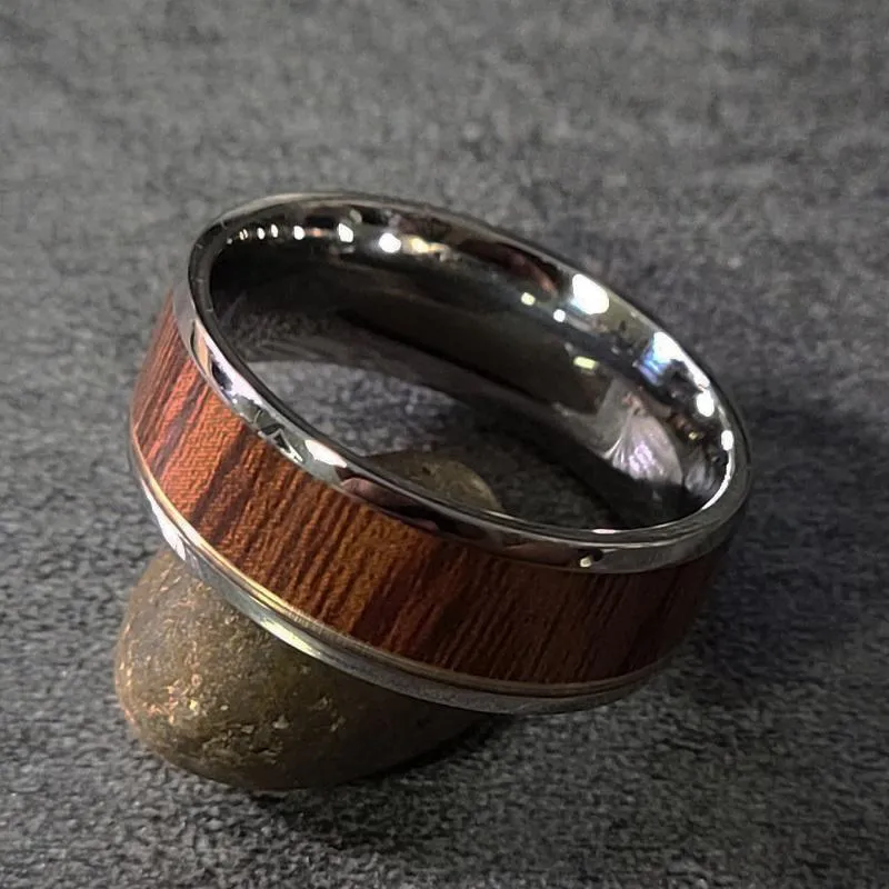 Personalized Men's Titanium Wedding Band - Silver Band With Wood Inlay