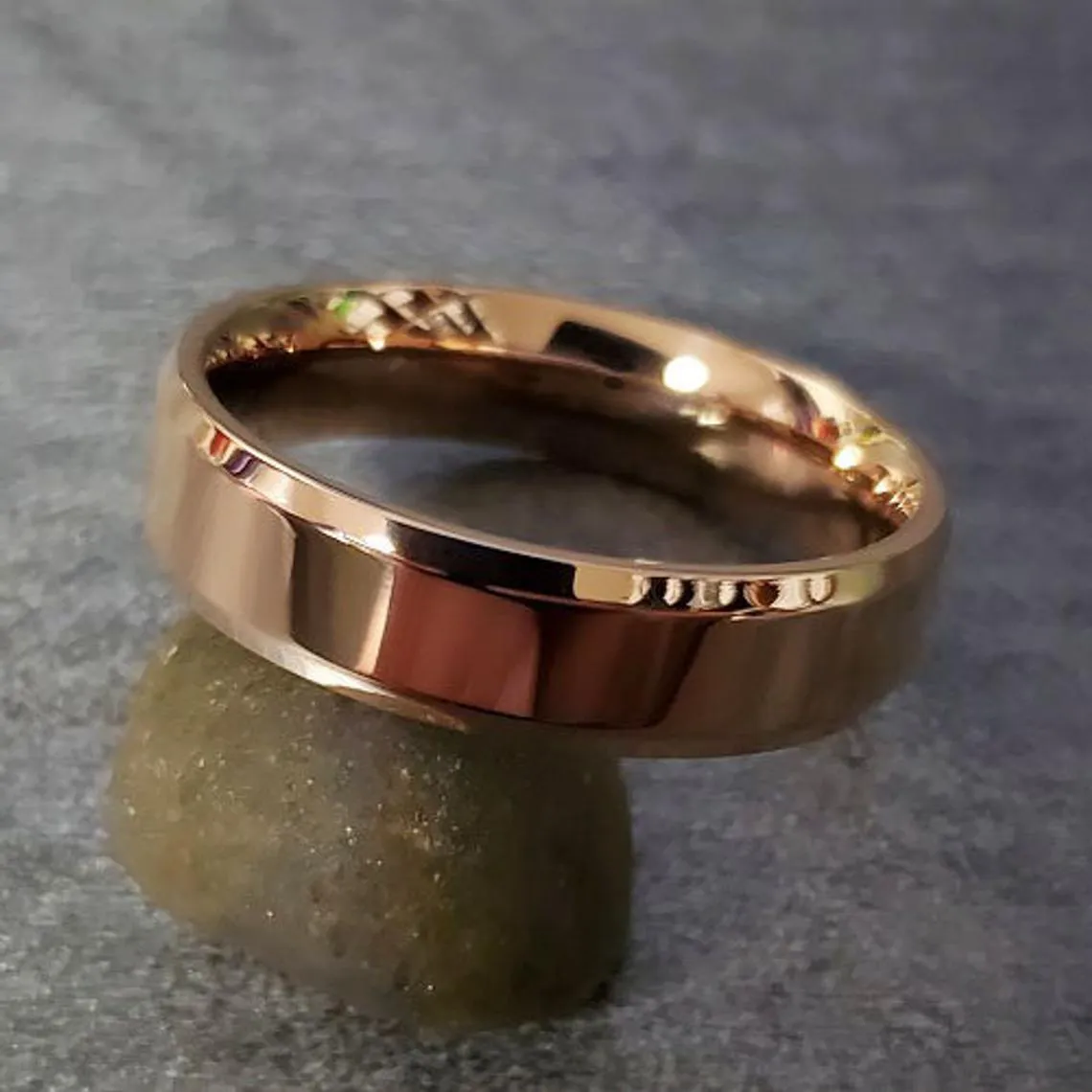 Personalized Men's Wedding Band - Beveled Brushed Rose Gold IP