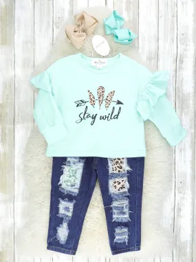 "Stay Wild" Leopard Ruffle Top & Distressed Sequin Denim Outfit