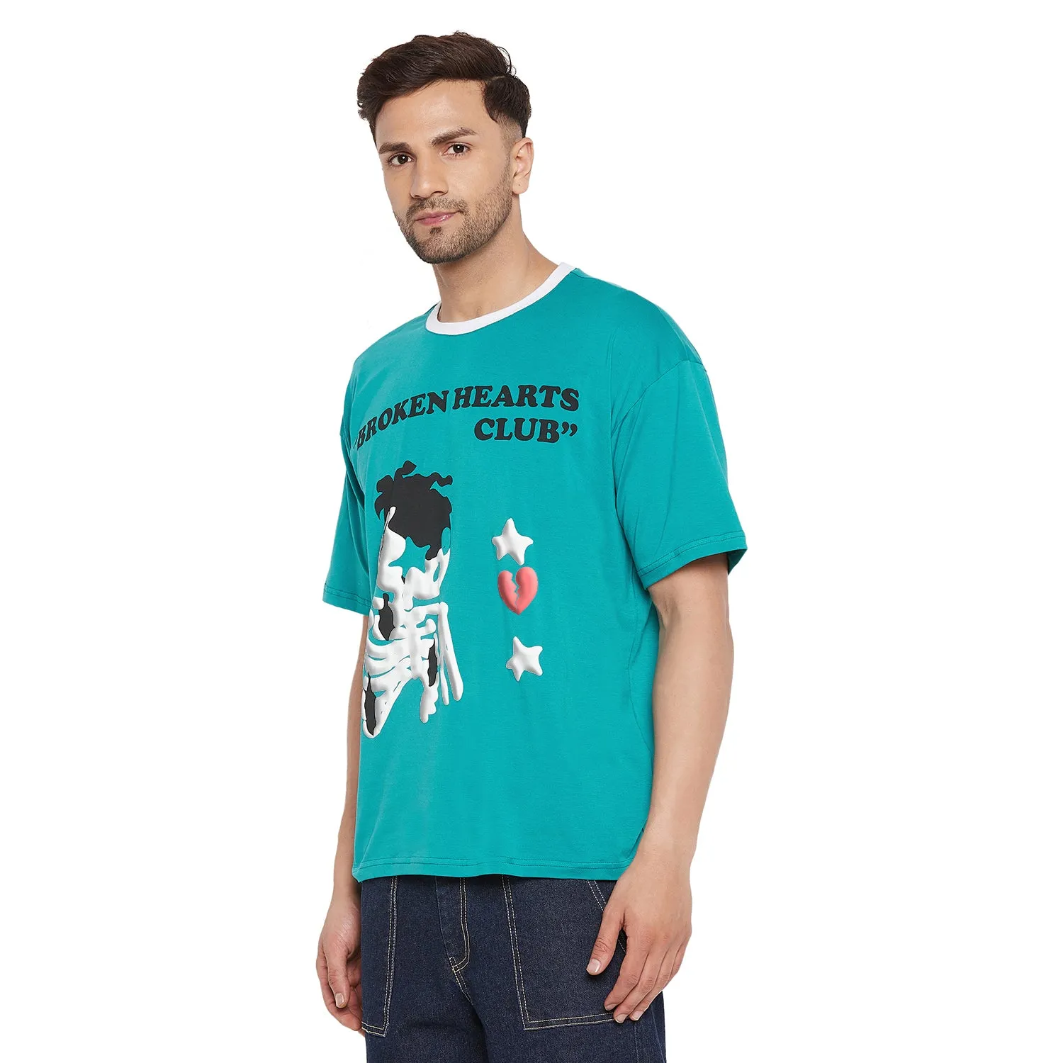 Teal Blue Broken Hearts Graphic Oversized Tee