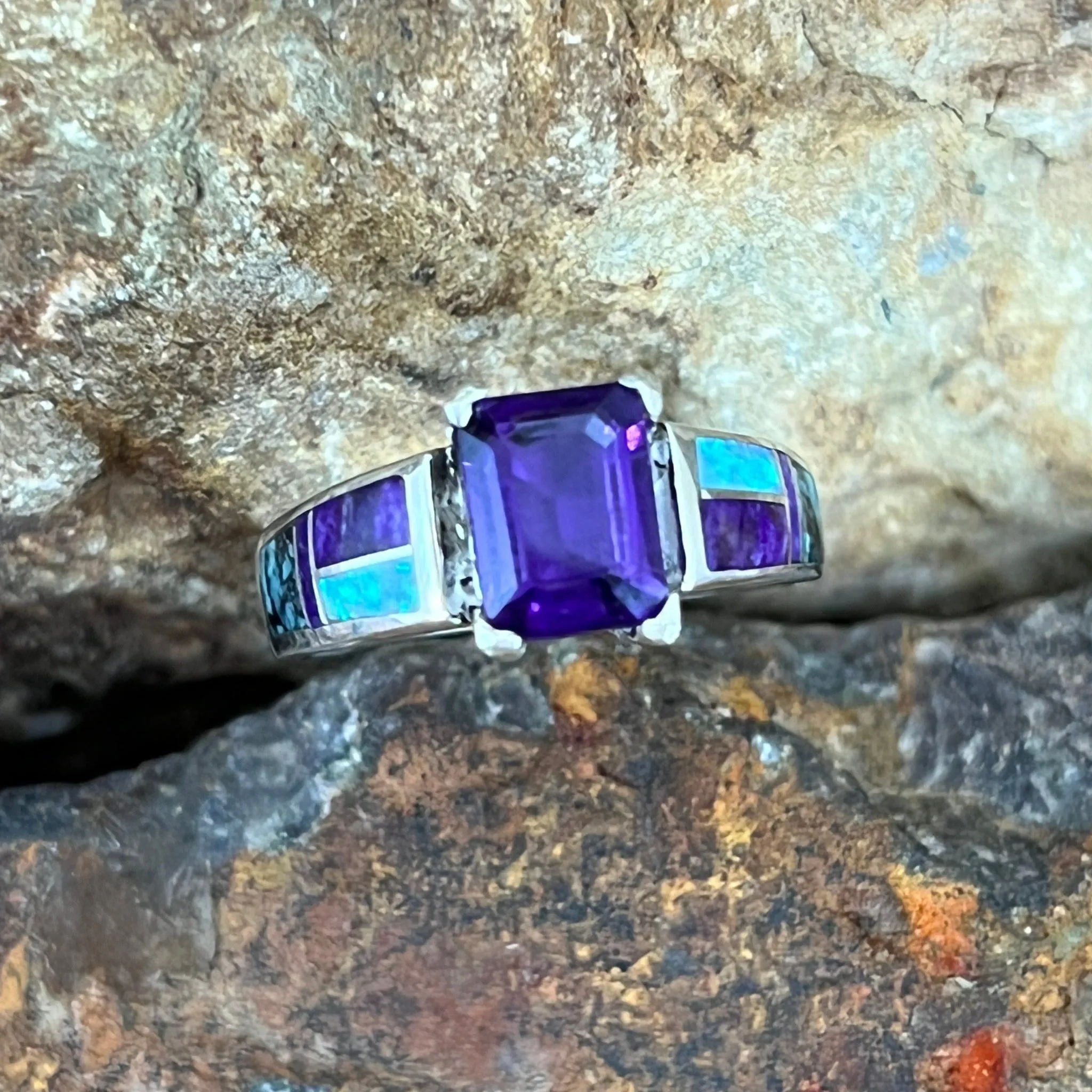 TEST David Rosales Shalako Inlaid Sterling Silver Ring w/ Amethyst