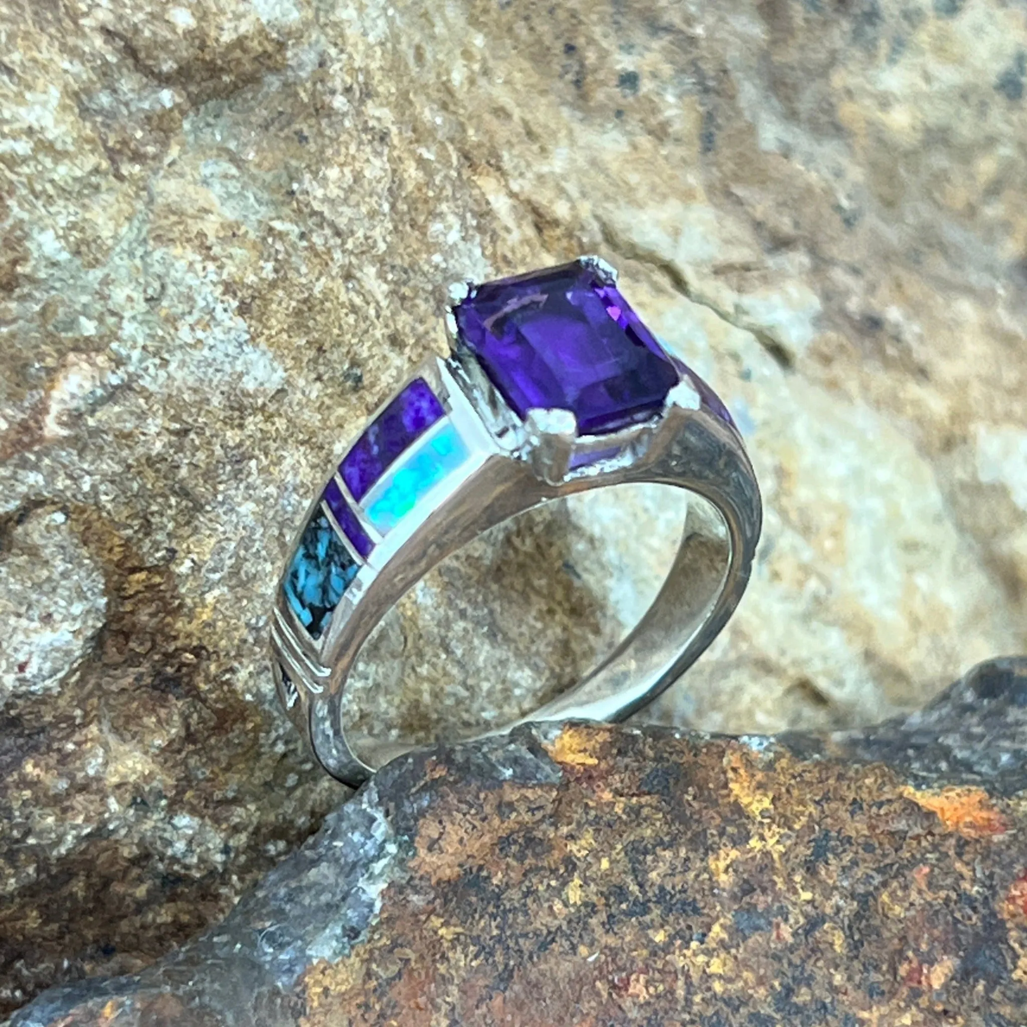 TEST David Rosales Shalako Inlaid Sterling Silver Ring w/ Amethyst