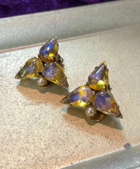 【ドイツ買付】ヴィンテージ SEIBOTH アンバー カボションガラス イヤリング/Vintage SEIBOTH Amber Glass Clip On Earrings