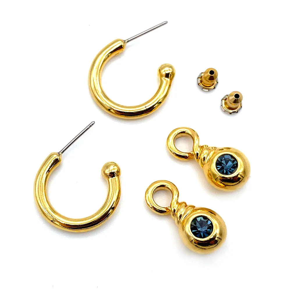 【フランス輸入】ヴィンテージ サファイアブルー フープ ピアス/Vintage Sapphire Blue Post Earrings